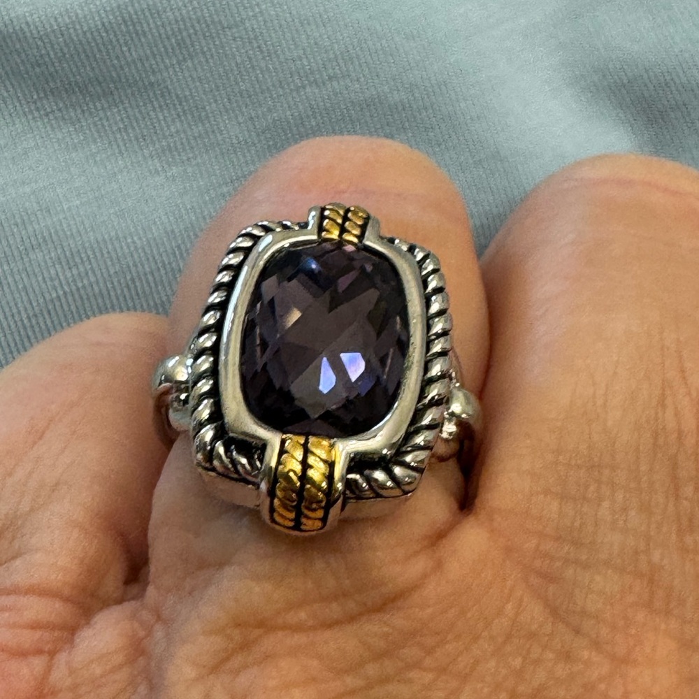 Faceted Faux Amethyst Silver Tone Statement Ring - Picture 5 of 12